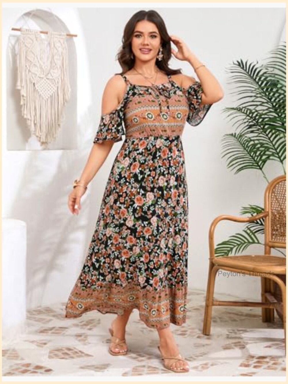 Plus Size Cold Shoulder Floral Maxi Dress Pleated Boho A-Line Rayon - Picture 4 of 6